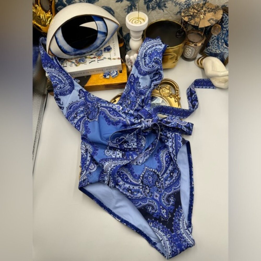 🆕 ZIMMERMANN 🧿 NWOT Wrap-Effect Paisley Print 1PC Swimsuit, Purple, Sz US 2/4 - Picture 13 of 16